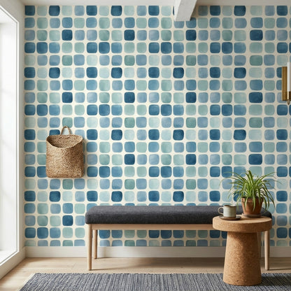 Mavi Kareli Geometrik Duvar Kağıdı Modern Salon Deseni