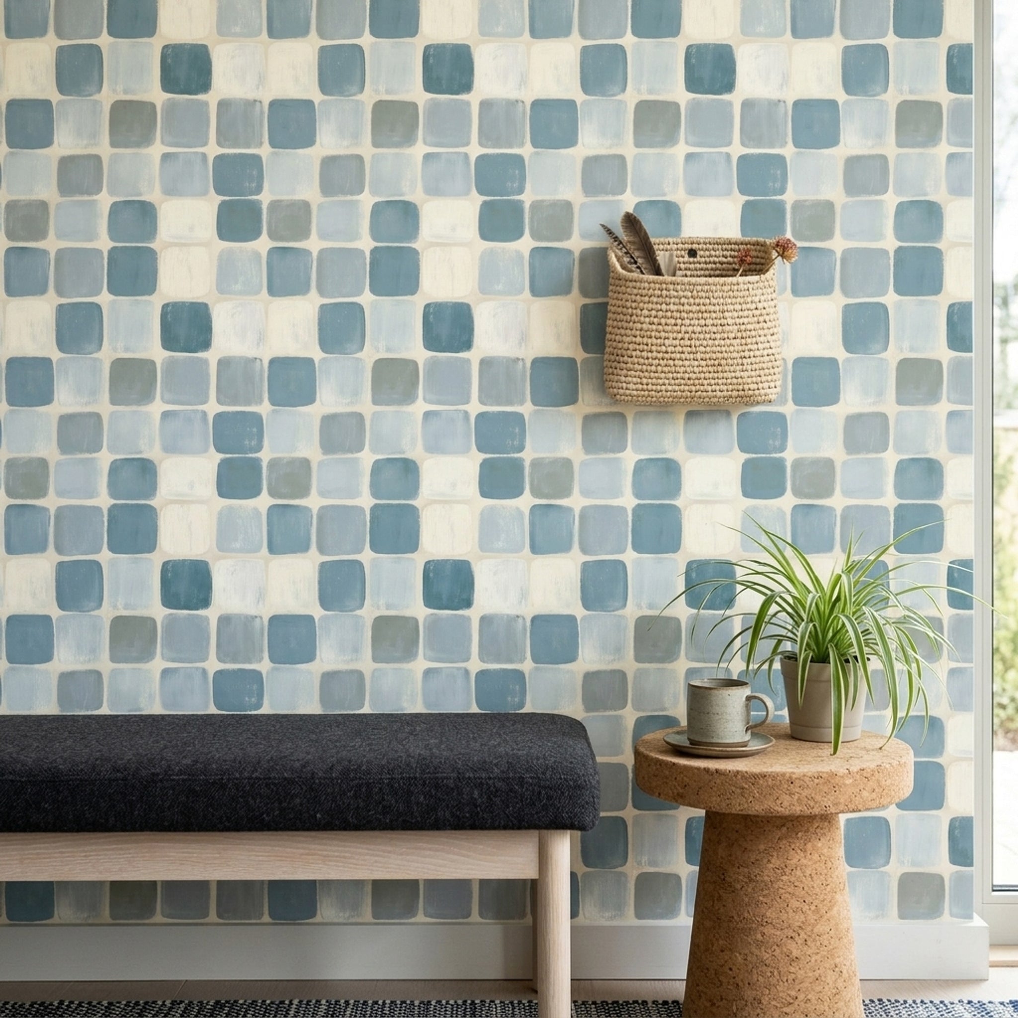 Mavi Kare Desenli Duvar Kağıdı Modern Salon Dekoru