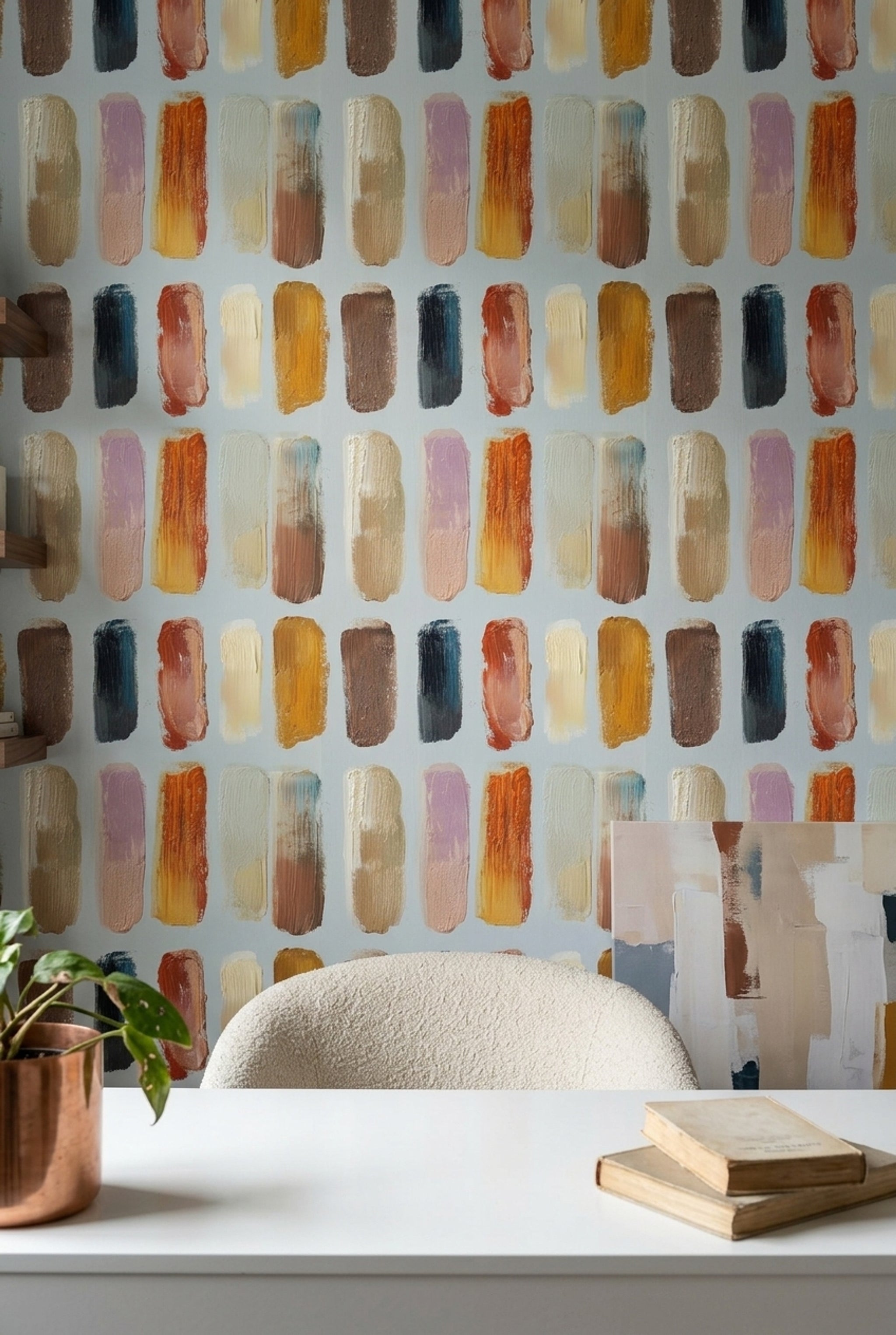 Soyut Fırça Darbeli Duvar Kağıdı Renkli Modern Salon