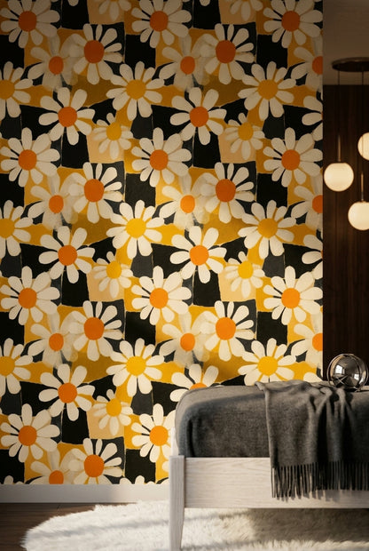 Papatya Desenli Duvar Kağıdı Sarı Siyah Retro Salon