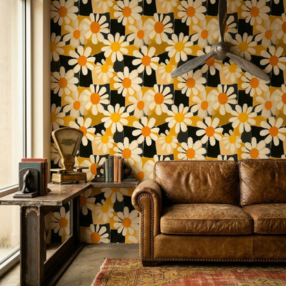 Papatya Desenli Duvar Kağıdı Sarı Siyah Retro Salon