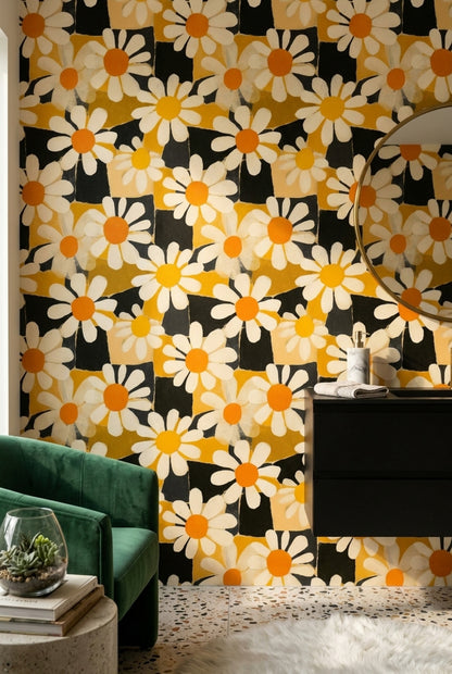 Papatya Desenli Duvar Kağıdı Sarı Siyah Retro Salon