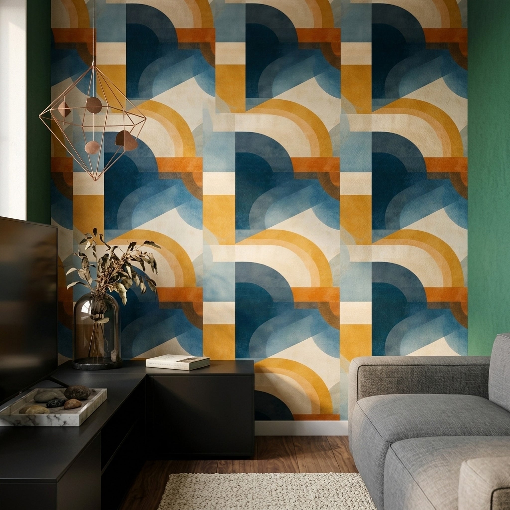 Geometrik Kemer Desenli Duvar Kağıdı Lacivert Hardal Salon