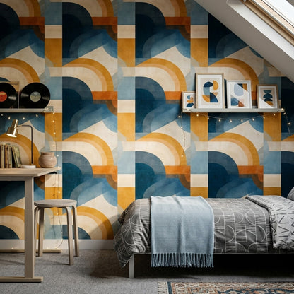 Geometrik Kemer Desenli Duvar Kağıdı Lacivert Hardal Salon