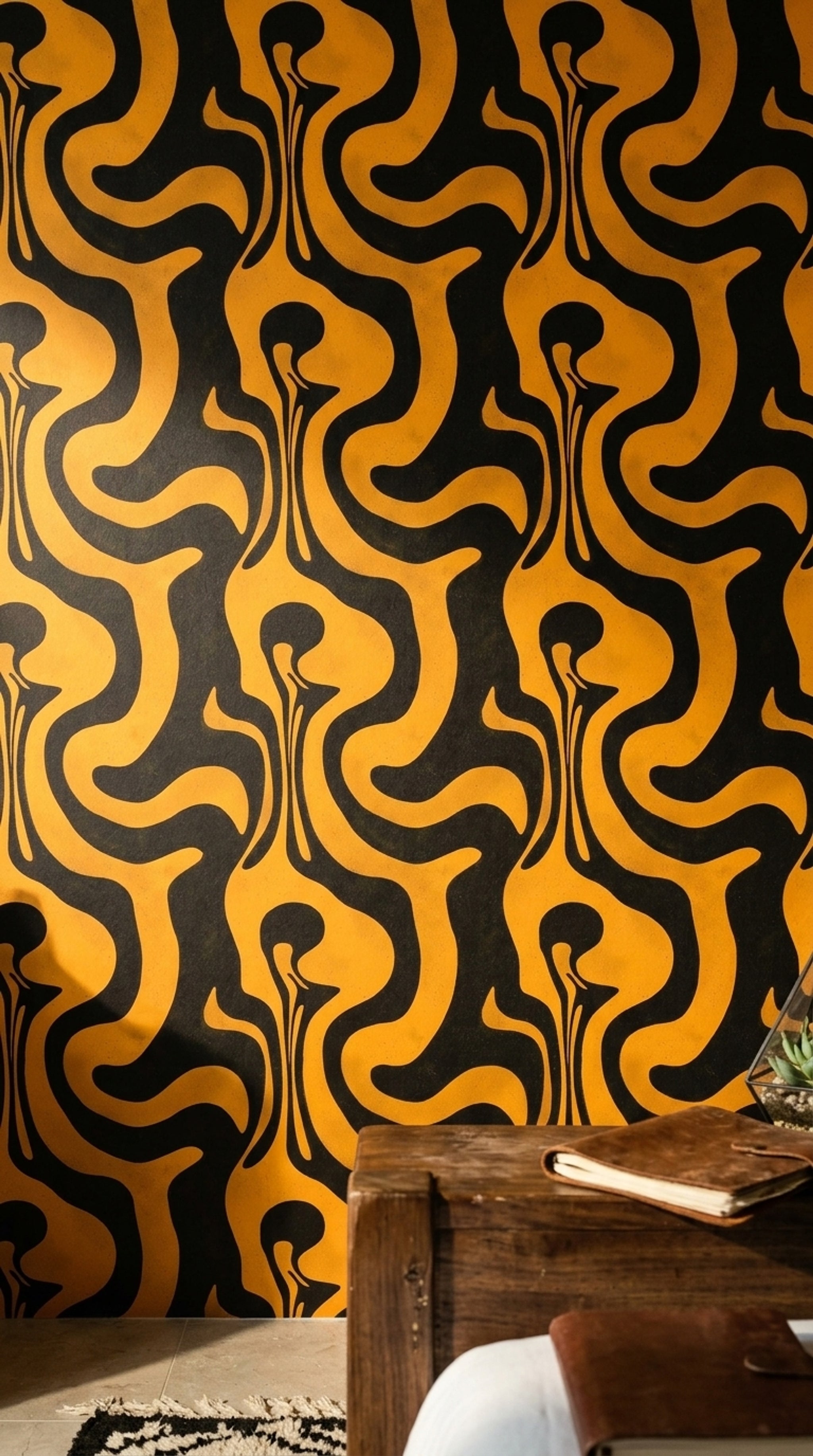 Siyah Sarı Soyut Dalgalı Duvar Kağıdı Modern Salon