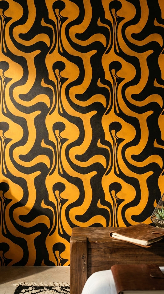 Siyah Sarı Soyut Dalgalı Duvar Kağıdı Modern Salon