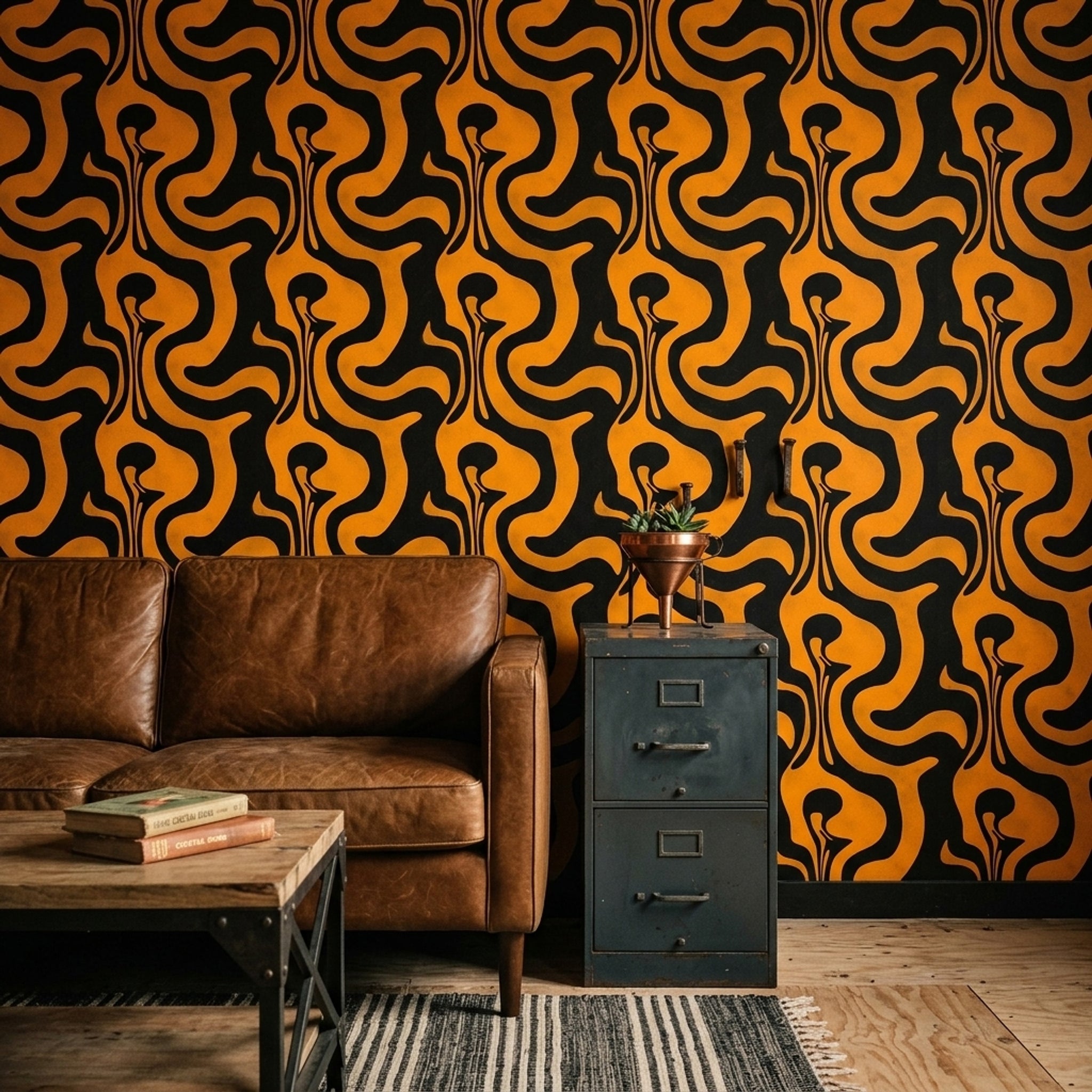 Siyah Sarı Soyut Dalgalı Duvar Kağıdı Modern Salon