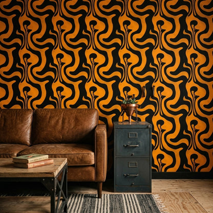 Siyah Sarı Soyut Dalgalı Duvar Kağıdı Modern Salon