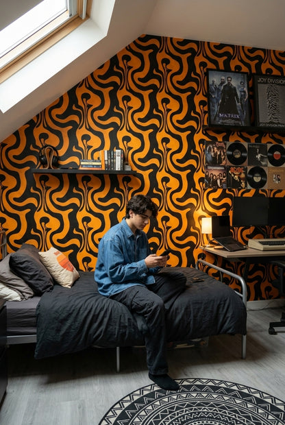 Siyah Sarı Soyut Dalgalı Duvar Kağıdı Modern Salon