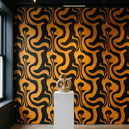Siyah Sarı Soyut Dalgalı Duvar Kağıdı Modern Salon