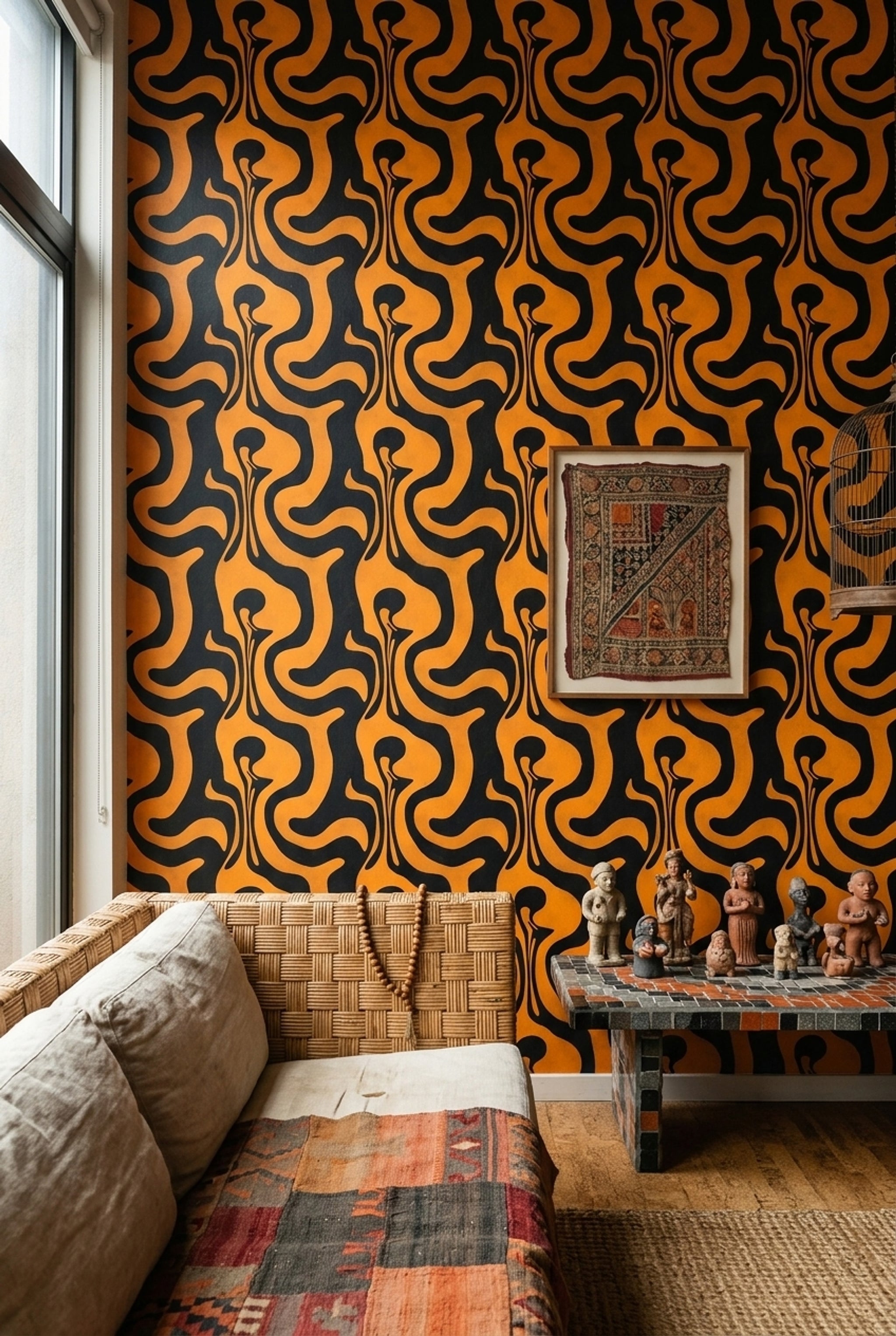 Siyah Sarı Soyut Dalgalı Duvar Kağıdı Modern Salon