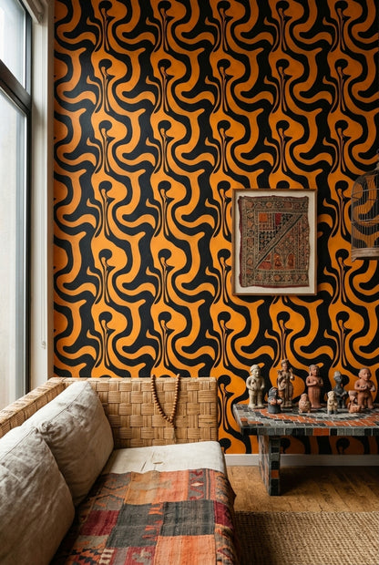 Siyah Sarı Soyut Dalgalı Duvar Kağıdı Modern Salon
