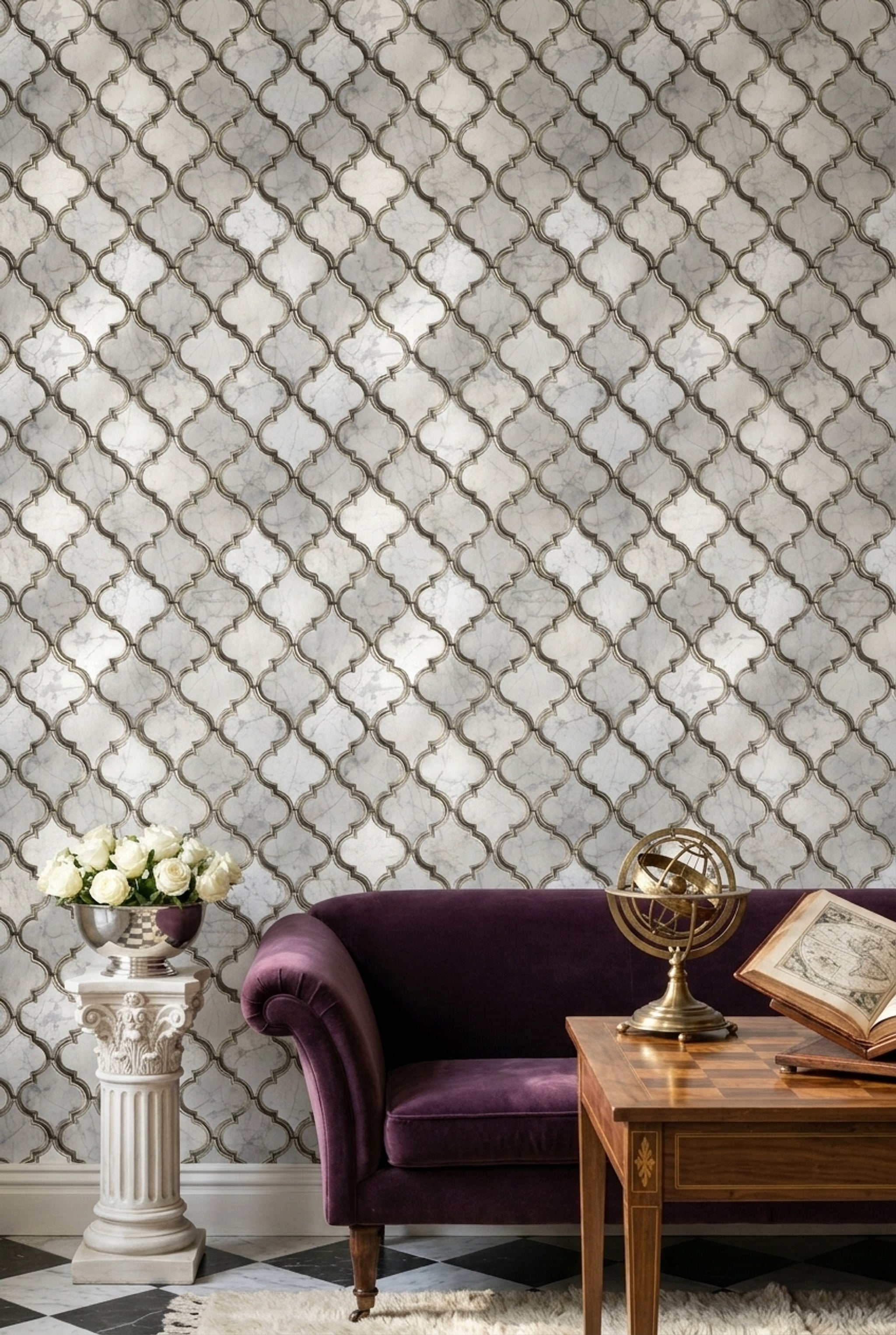 Fas Geometrik Desenli Duvar Kağıdı Gri Bej Salon