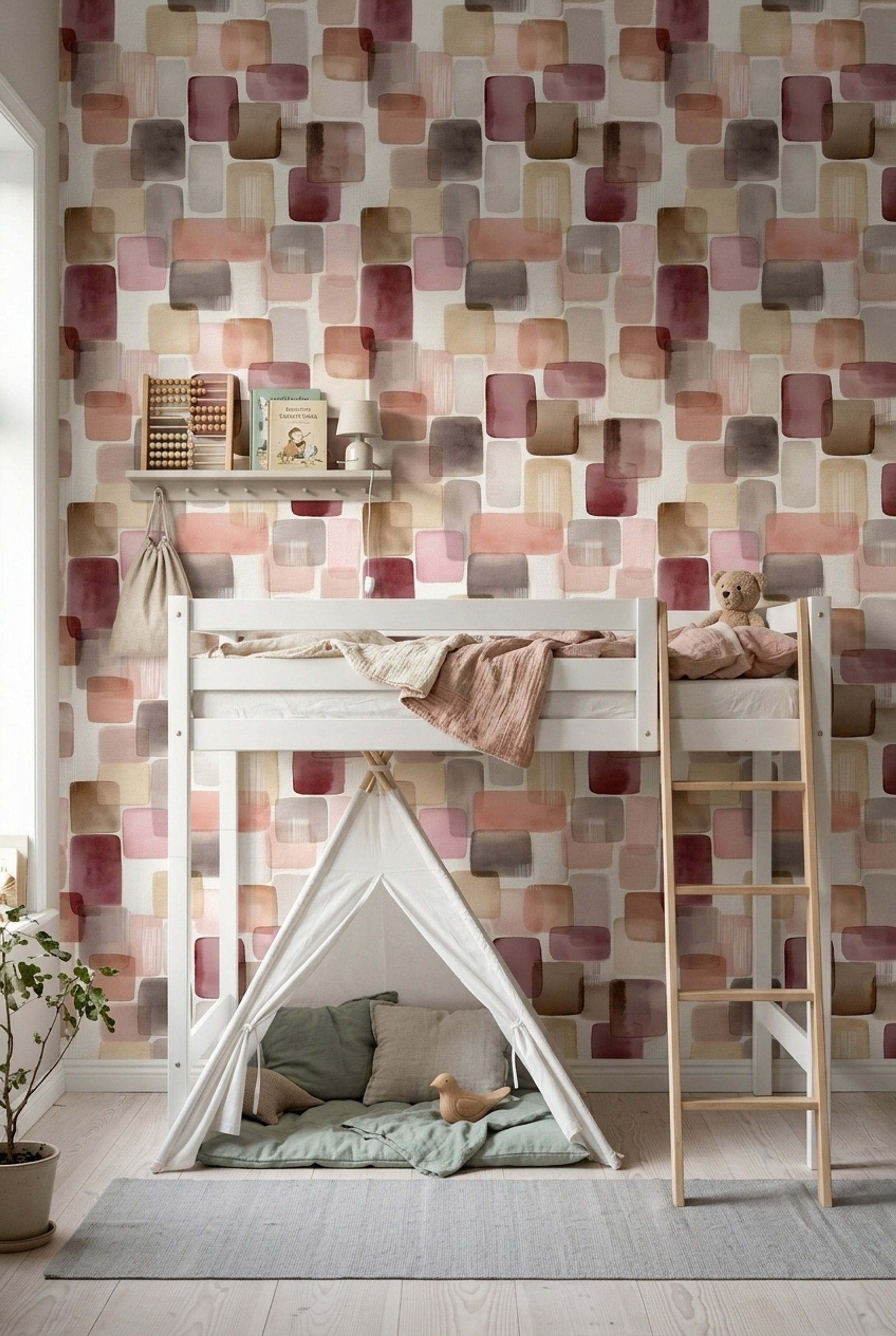 Renkli Geometrik Duvar Kağıdı Modern Kare Desenli Çocuk Odası