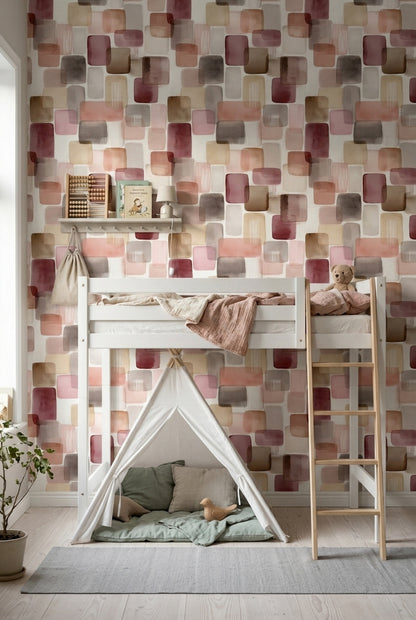 Renkli Geometrik Duvar Kağıdı Modern Kare Desenli Çocuk Odası