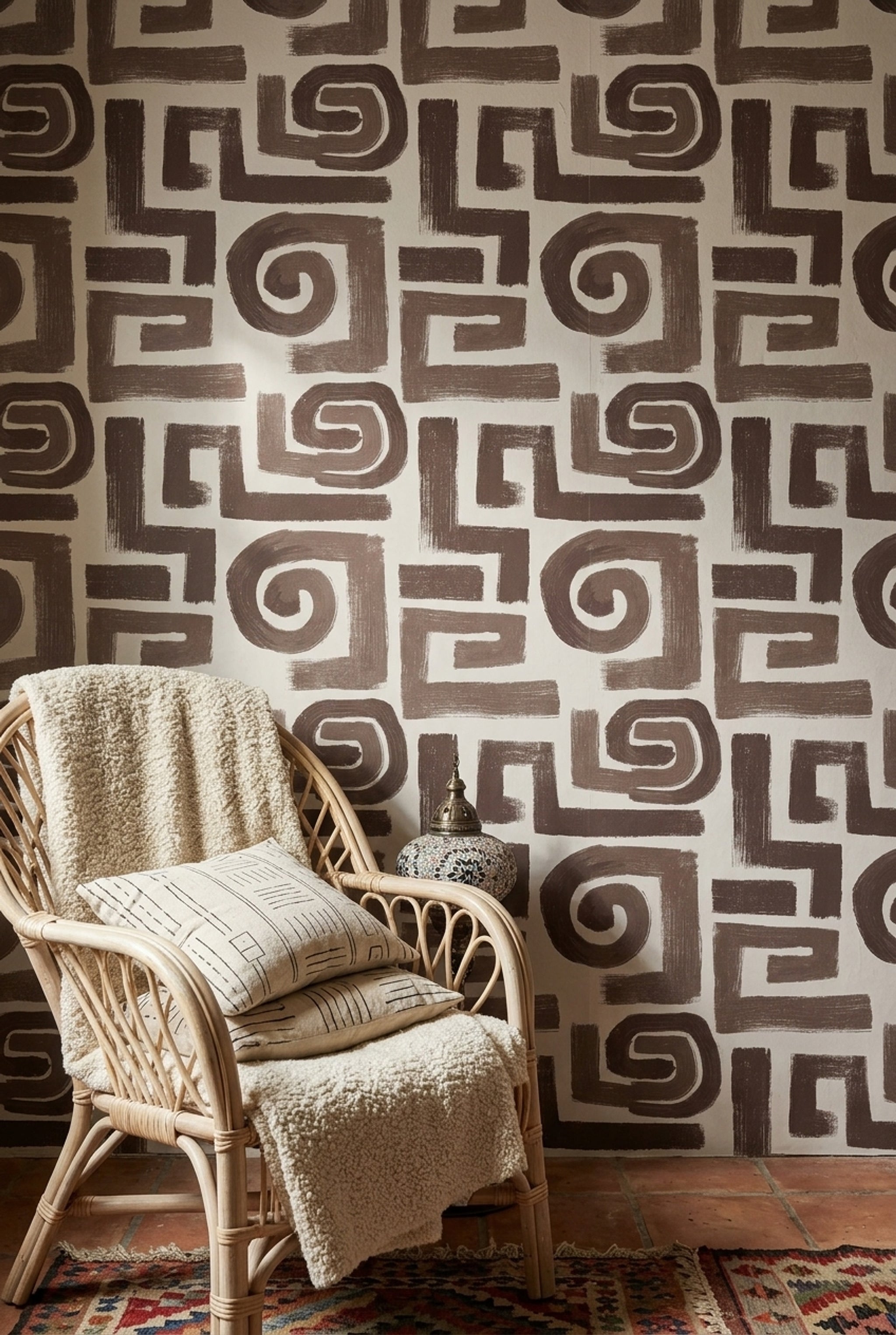 Geometrik Labirent Desenli Duvar Kağıdı Kahverengi Modern Salon