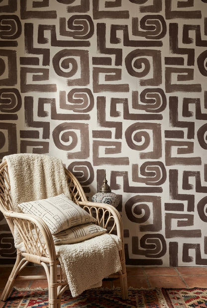 Geometrik Labirent Desenli Duvar Kağıdı Kahverengi Modern Salon