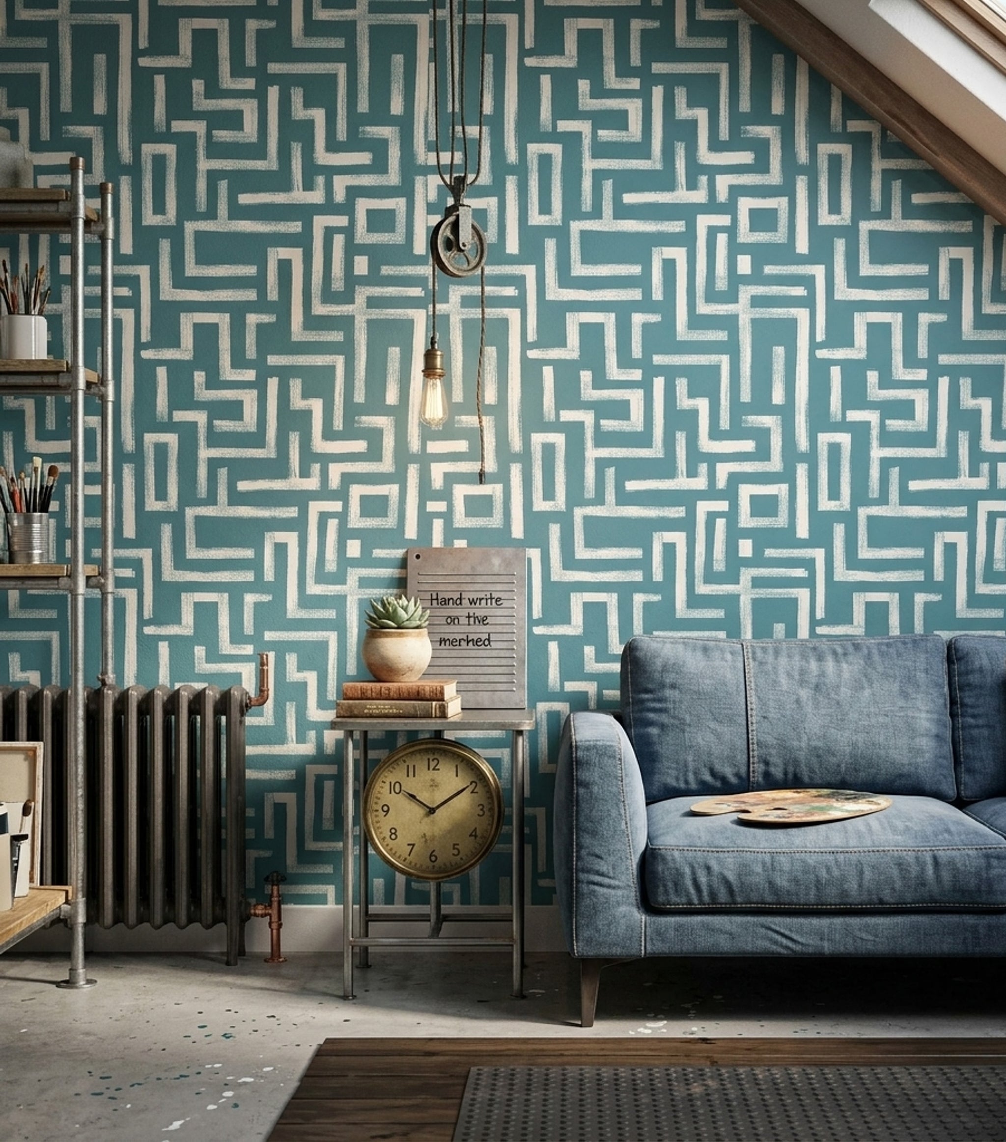 Geometrik Labirent Duvar Kağıdı Petrol Mavi Krem Salon