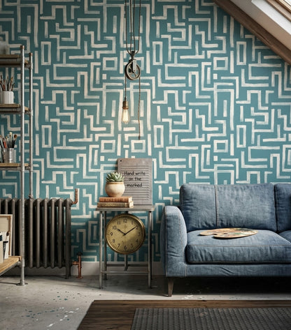 Geometrik Labirent Duvar Kağıdı Petrol Mavi Krem Salon