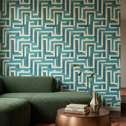 Geometrik Labirent Desenli Duvar Kağıdı Turkuaz Salon Dekoru