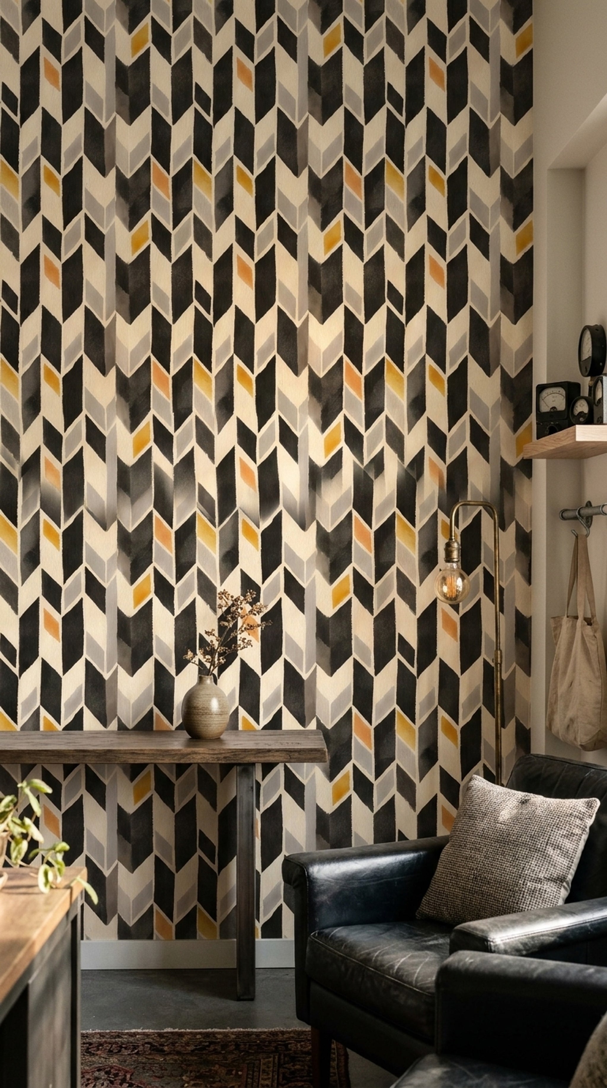 Geometrik Küp Desenli Duvar Kağıdı Siyah Sarı Salon