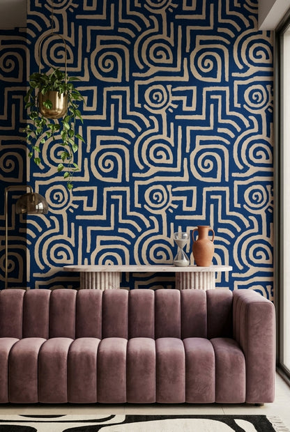 Lacivert Krem Geometrik Labirent Duvar Kağıdı Modern Salon