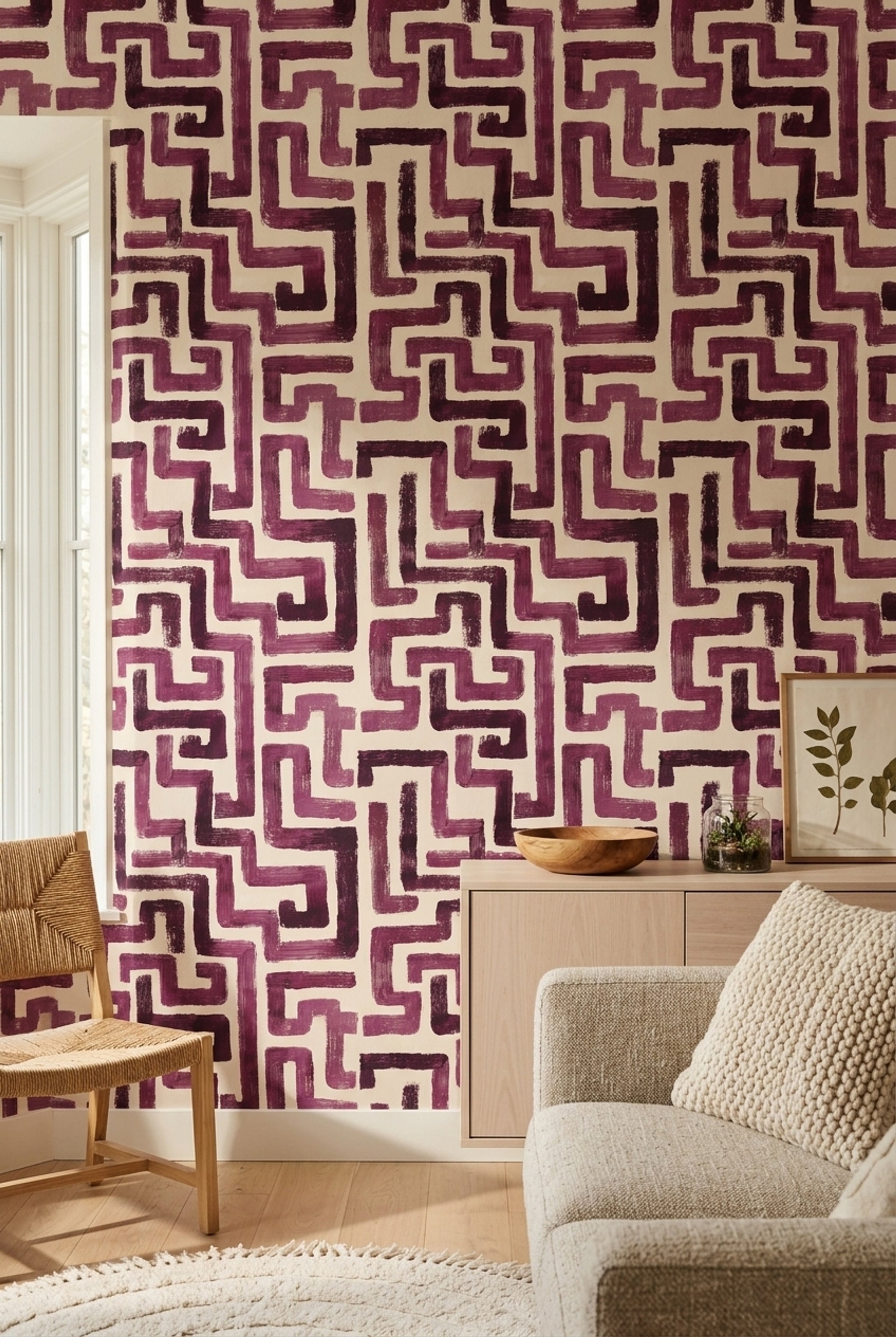 Bordo Geometrik Labirent Desenli Duvar Kağıdı Modern Salon