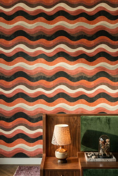 Retro Dalga Desenli Duvar Kağıdı Kiremit Siyah Salon