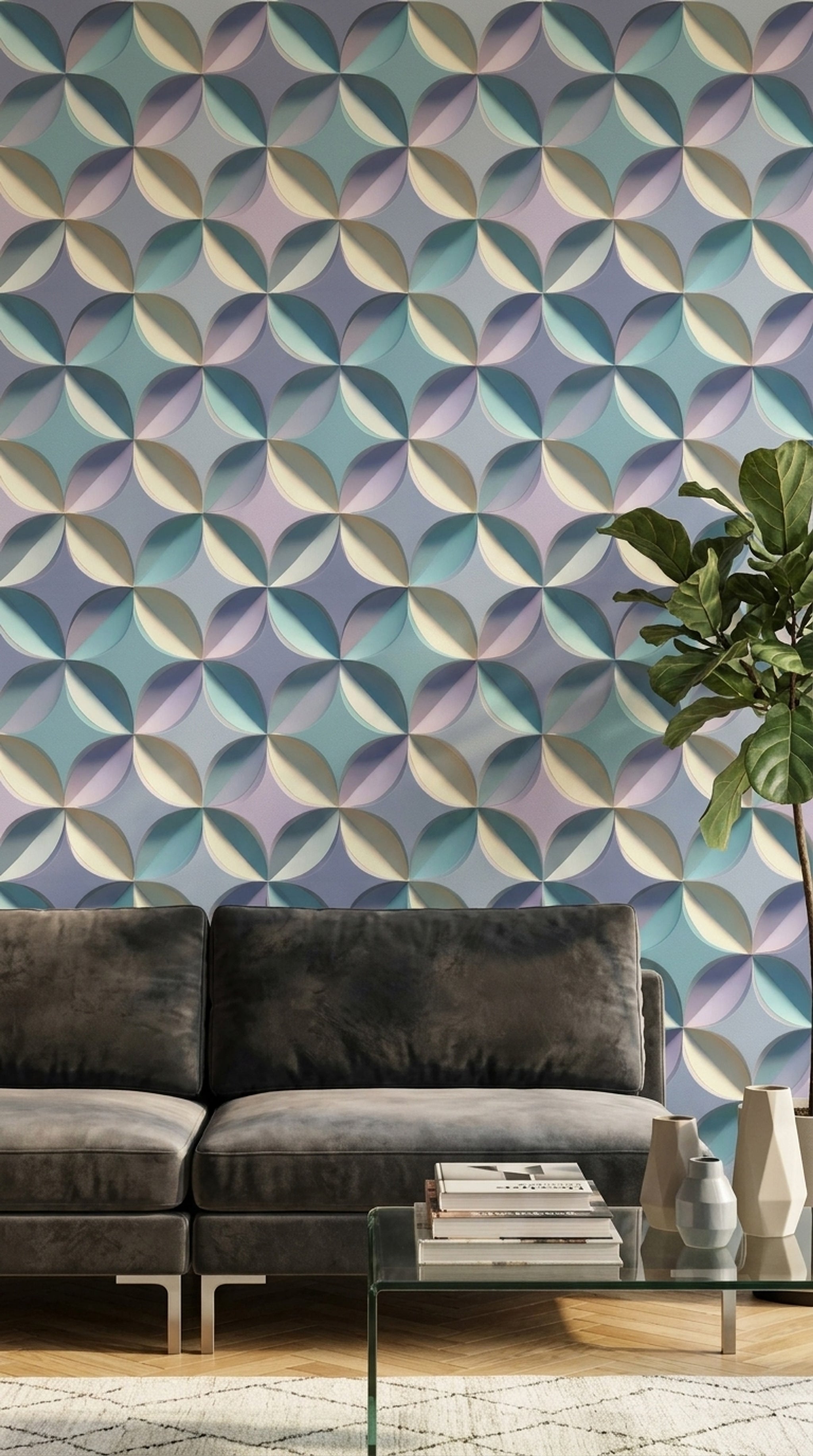 Geometrik Yarım Daire Desenli Duvar Kağıdı Pastel Mavi Salon