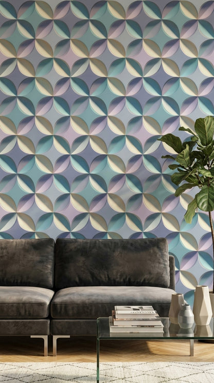 Geometrik Yarım Daire Desenli Duvar Kağıdı Pastel Mavi Salon