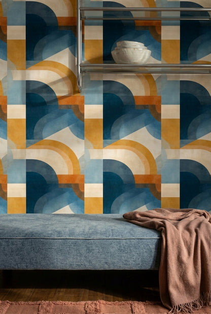 Geometrik Kemer Desenli Duvar Kağıdı Lacivert Hardal Salon