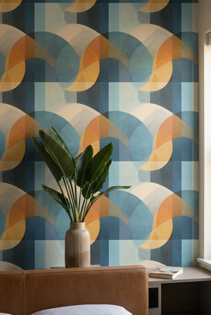 Geometrik Yarım Daire Desenli Duvar Kağıdı Mavi Turuncu Salon