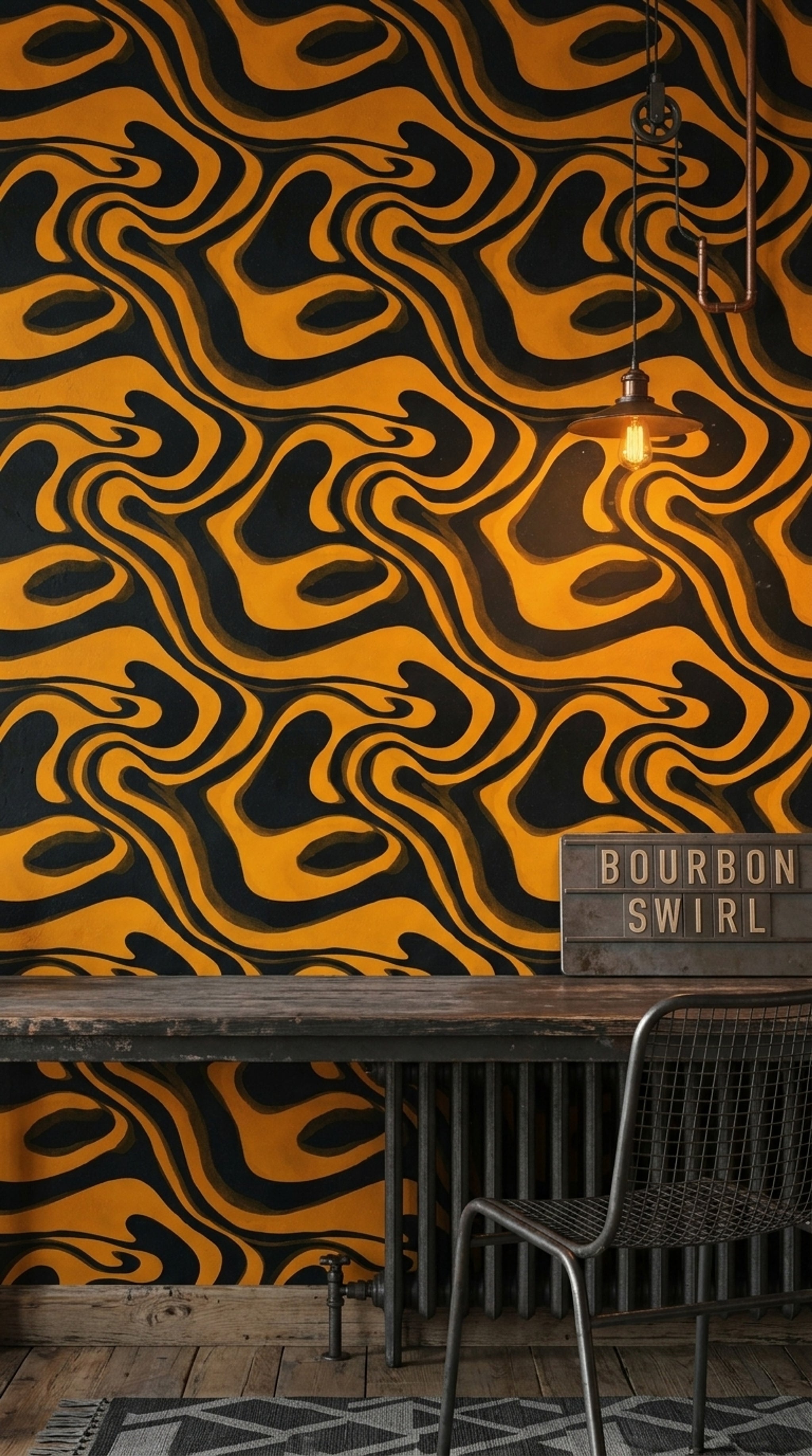 Soyut Dalgalı Duvar Kağıdı Siyah Hardal Modern Salon