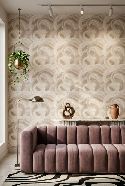 Soyut Halka Desenli Duvar Kağıdı Bej Krem Salon