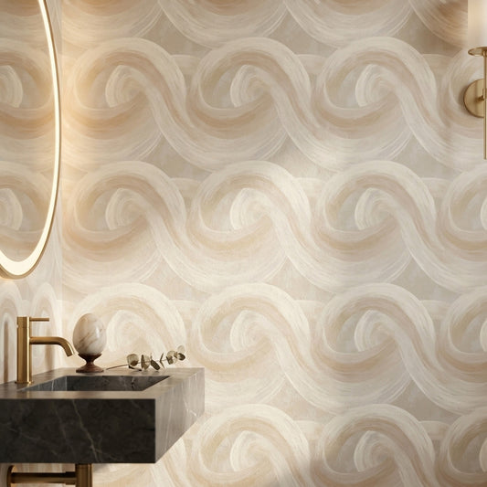 Bej Dairesel Fırça Desenli Duvar Kağıdı Modern Salon