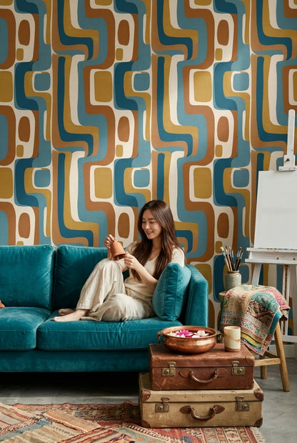 Retro Geometrik Duvar Kağıdı Mavi Hardal Desenli Salon