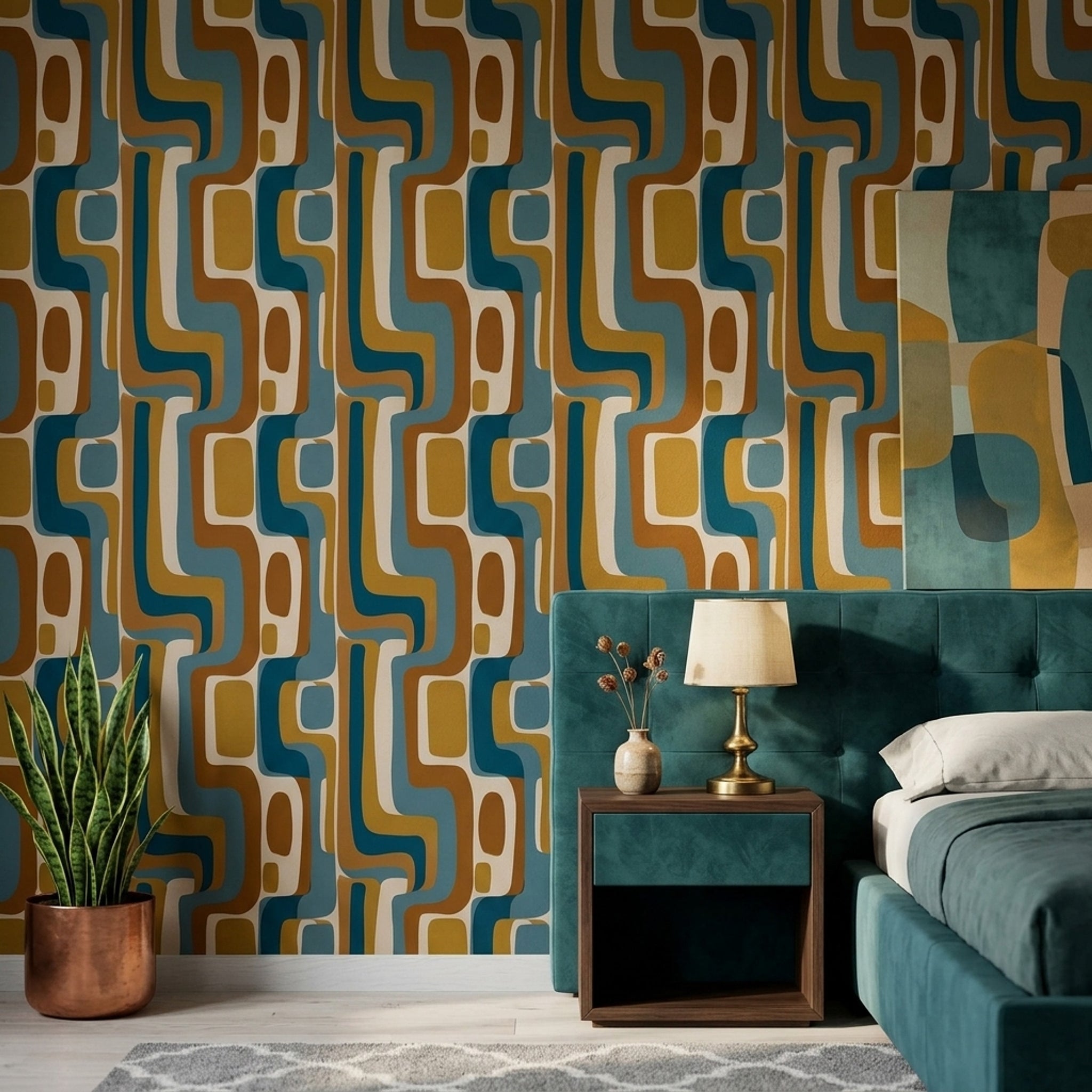 Retro Geometrik Duvar Kağıdı Mavi Hardal Desenli Salon