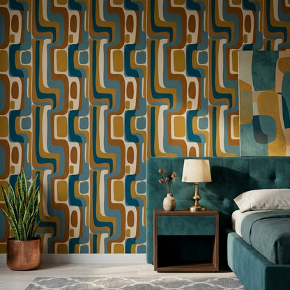 Retro Geometrik Duvar Kağıdı Mavi Hardal Desenli Salon