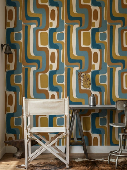 Retro Geometrik Duvar Kağıdı Mavi Hardal Desenli Salon
