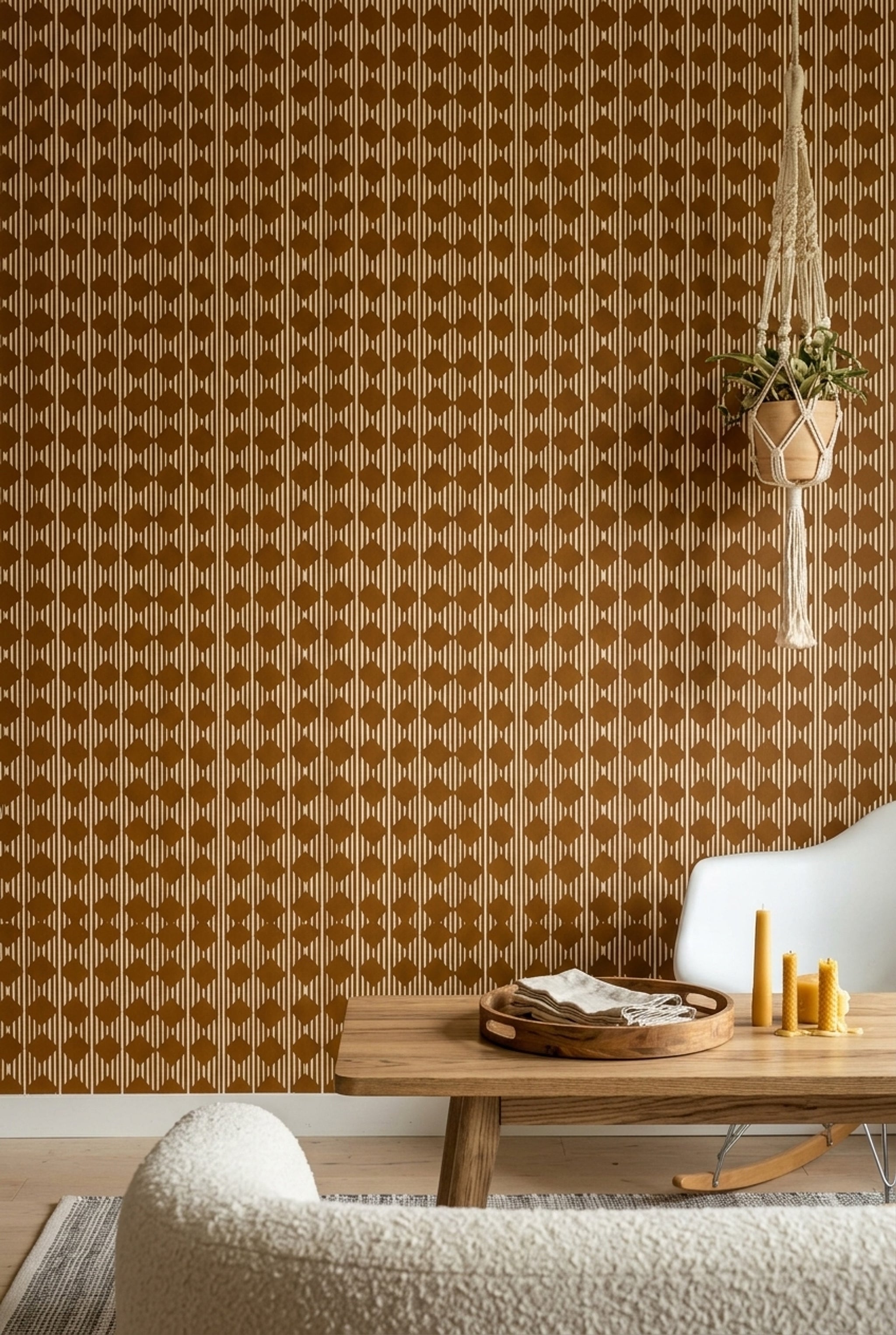 Baklava Dilimli Geometrik Duvar Kağıdı Kahverengi Çizgili Salon