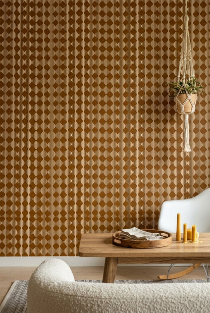 Baklava Dilimli Geometrik Duvar Kağıdı Kahverengi Çizgili Salon