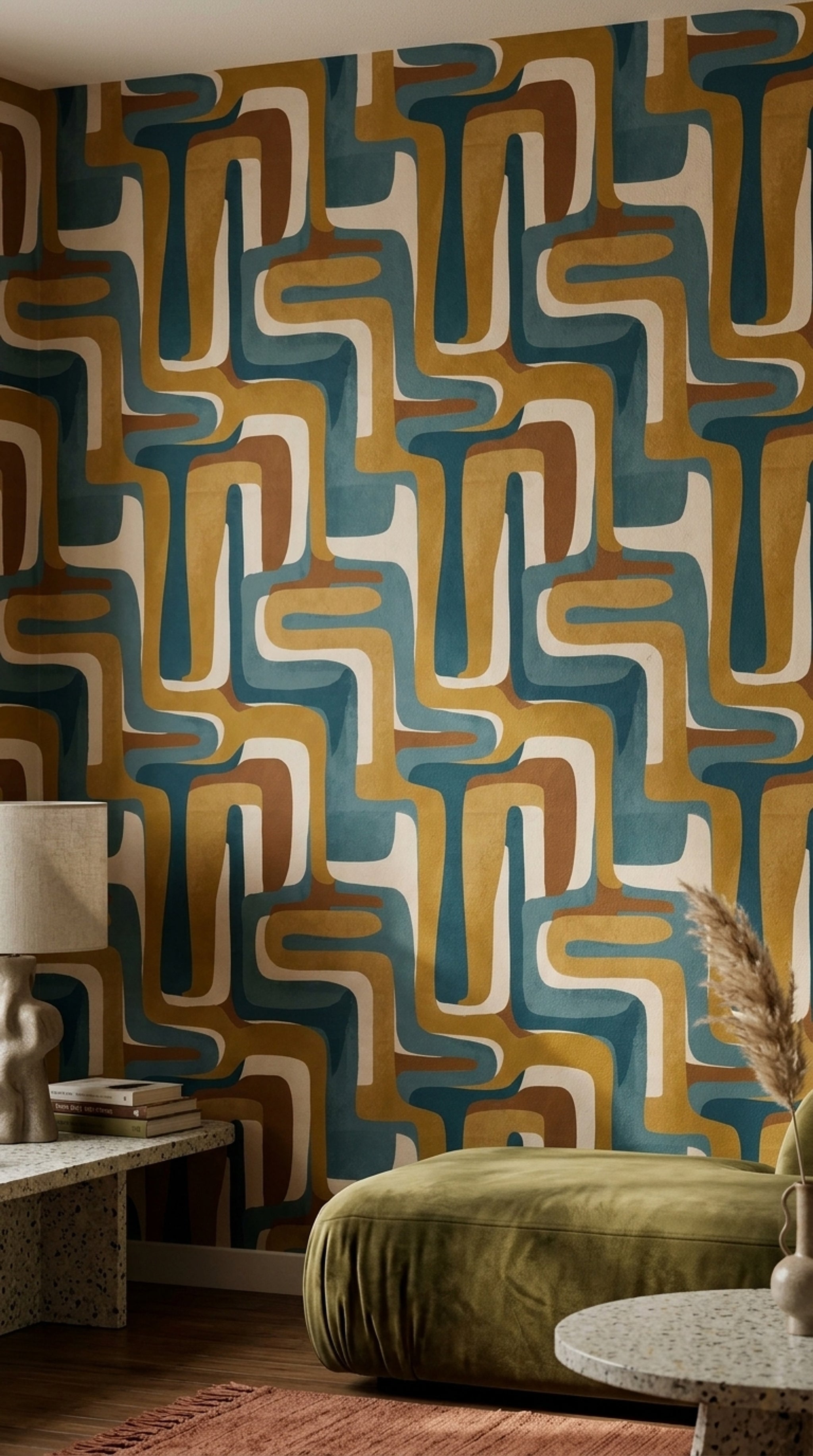 Retro Geometrik Duvar Kağıdı Mavi Hardal Desenli Salon