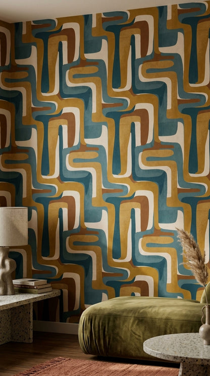 Retro Geometrik Duvar Kağıdı Mavi Hardal Desenli Salon