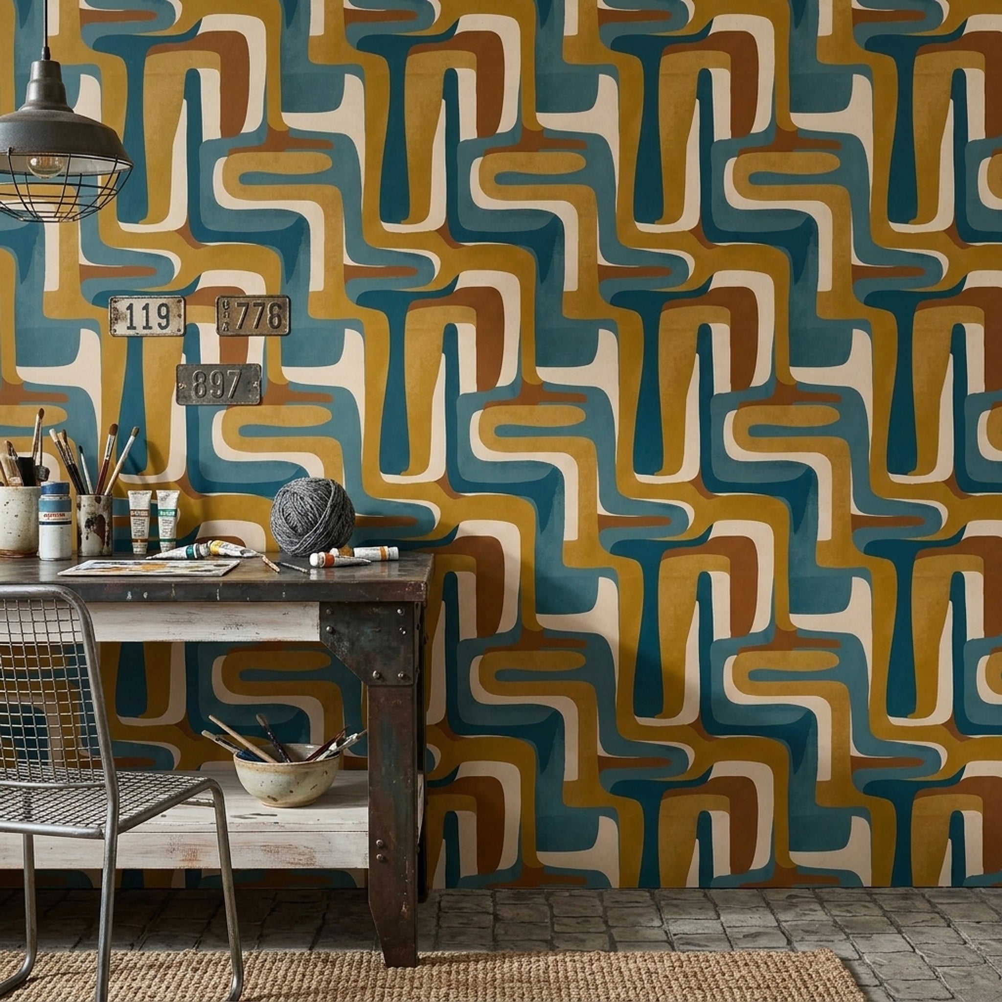 Retro Geometrik Duvar Kağıdı Mavi Hardal Desenli Salon