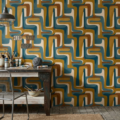 Retro Geometrik Duvar Kağıdı Mavi Hardal Desenli Salon