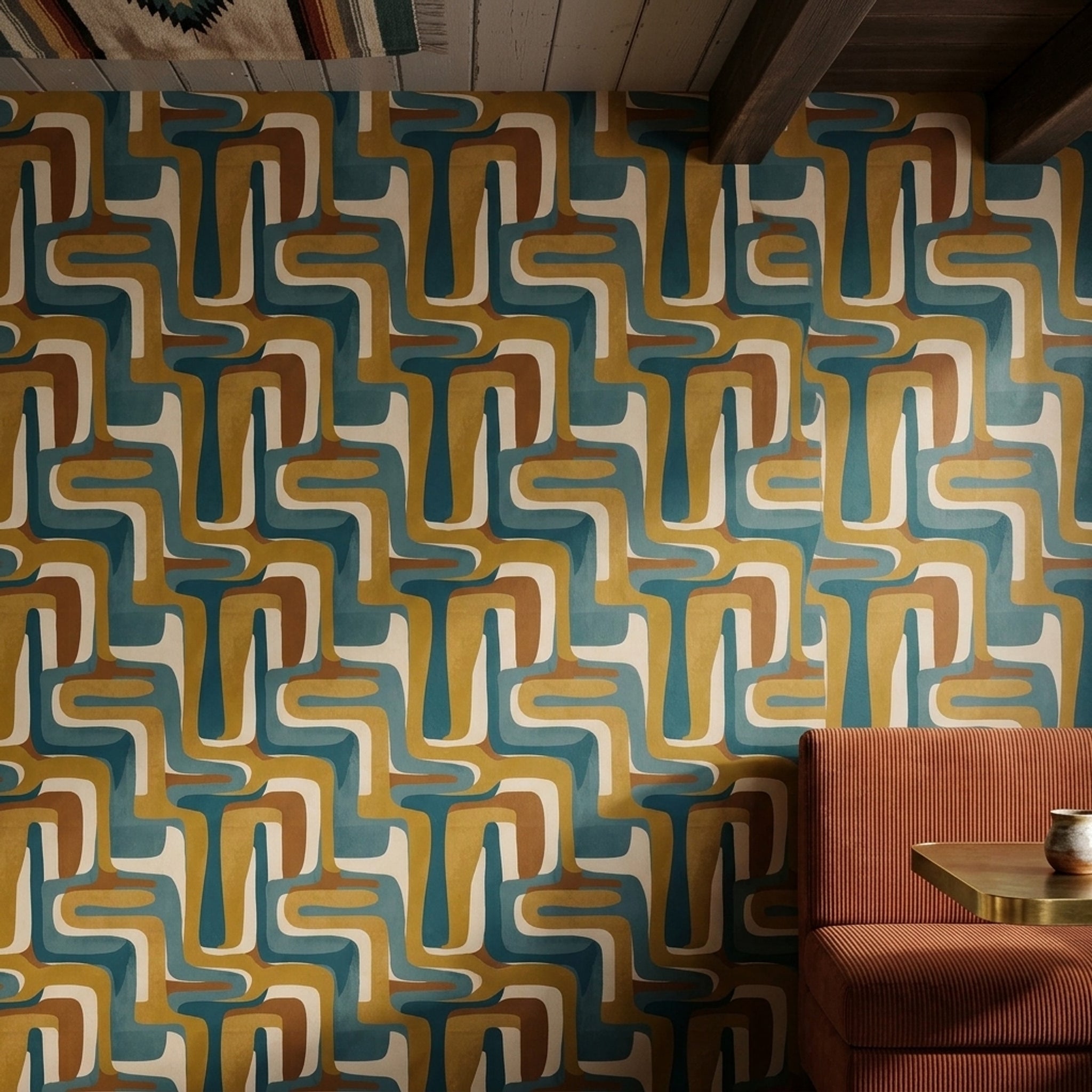 Retro Geometrik Duvar Kağıdı Mavi Hardal Desenli Salon