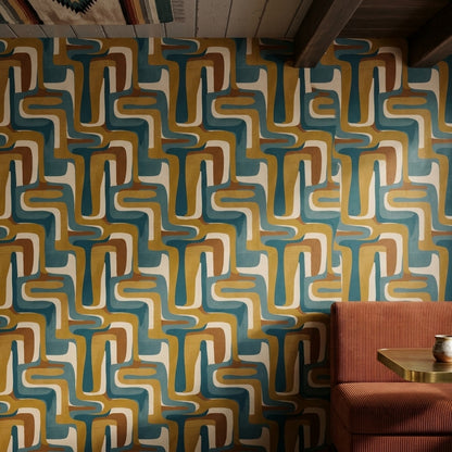 Retro Geometrik Duvar Kağıdı Mavi Hardal Desenli Salon