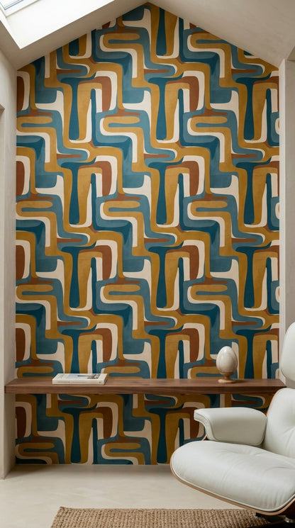 Retro Geometrik Duvar Kağıdı Mavi Hardal Desenli Salon