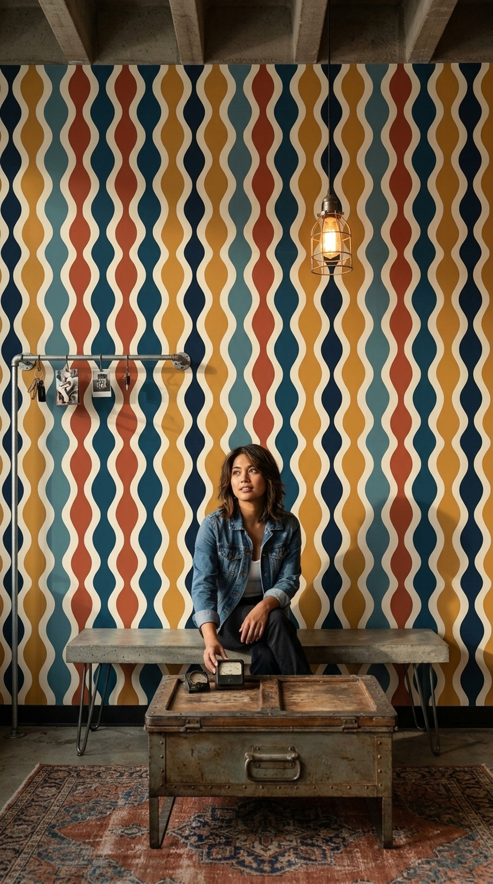 Retro Dalga Desenli Duvar Kağıdı Lacivert Sarı Salon