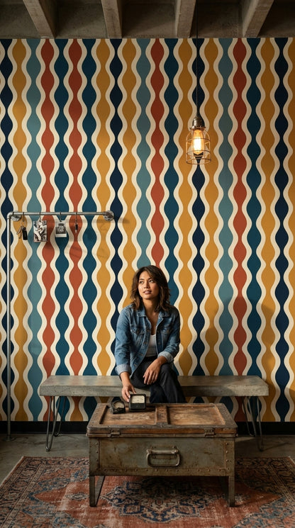 Retro Dalga Desenli Duvar Kağıdı Lacivert Sarı Salon